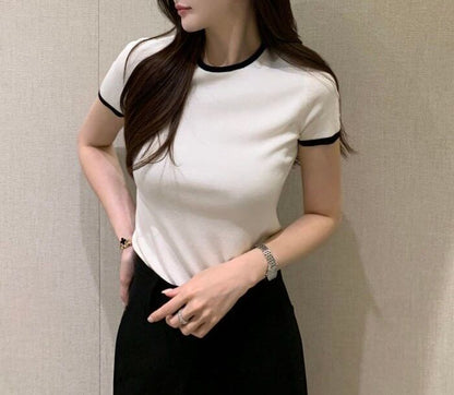 Short-Sleeve Crew Neck Plain Contrast Trim T-Shirt