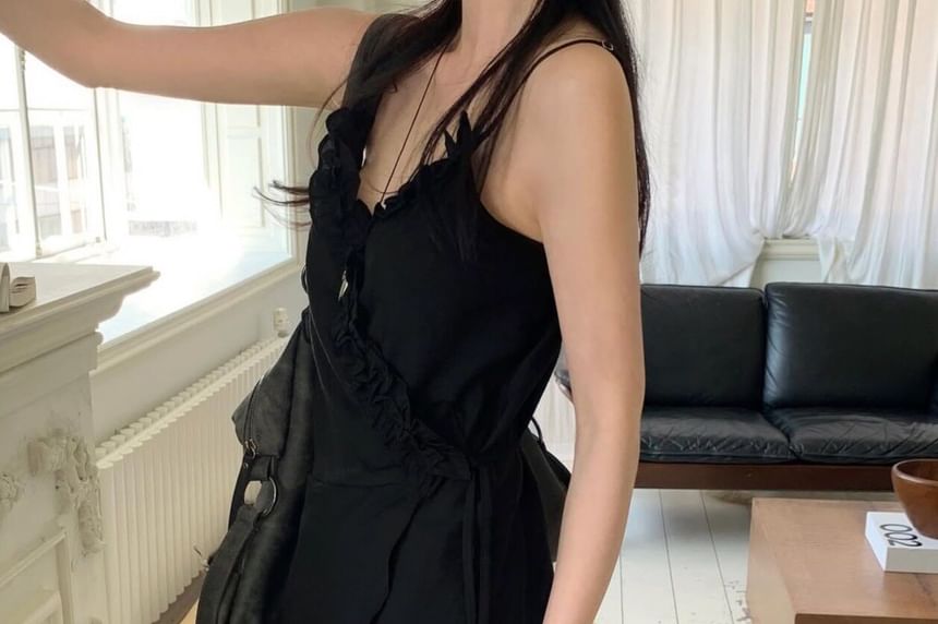 V-Neck Plain Ruffle Asymmetrical Camisole Top