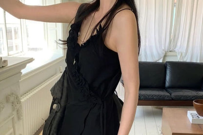 V-Neck Plain Ruffle Asymmetrical Camisole Top