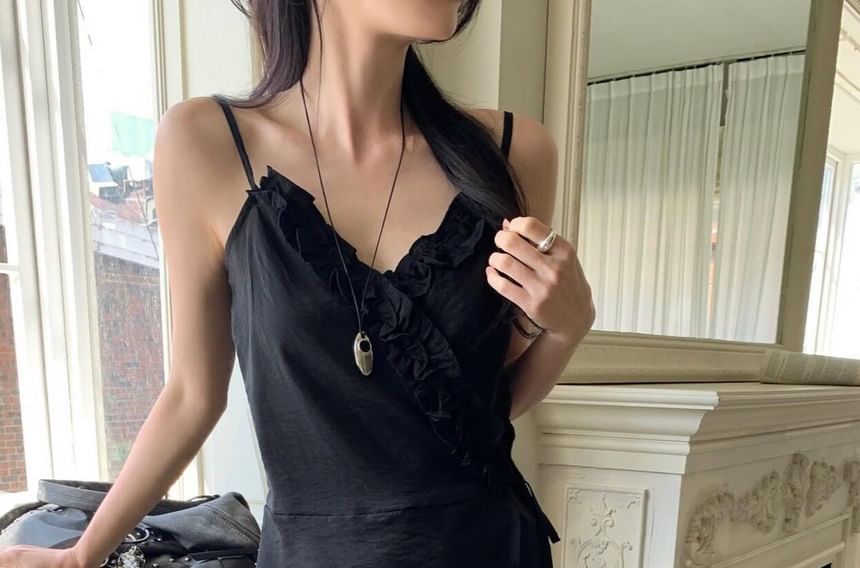 V-Neck Plain Ruffle Asymmetrical Camisole Top