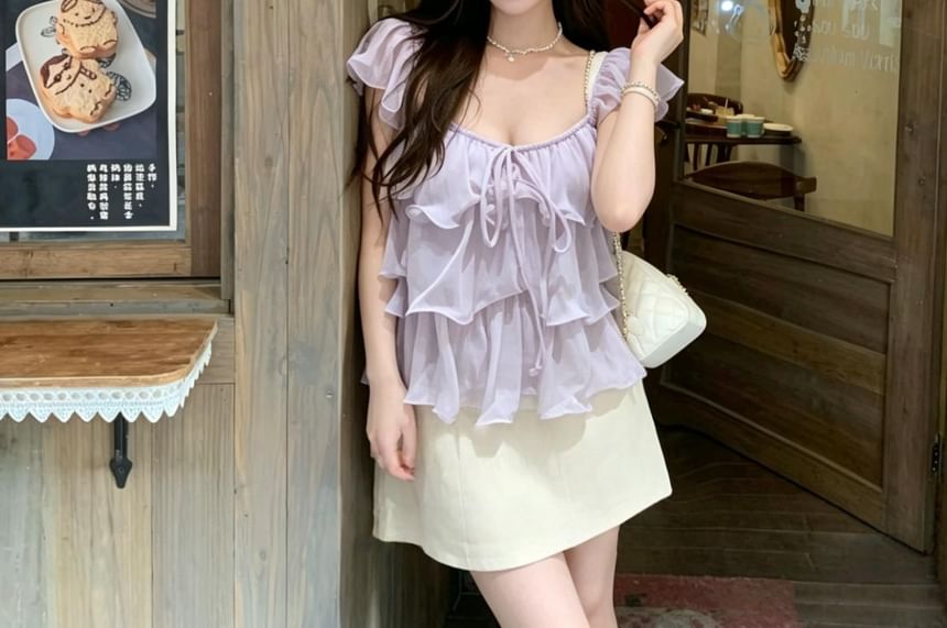 Scoop Neck Ruffle Trim Sleeveless Top