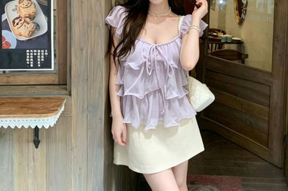 Scoop Neck Ruffle Trim Sleeveless Top