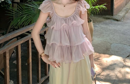 Scoop Neck Ruffle Trim Sleeveless Camisole Top
