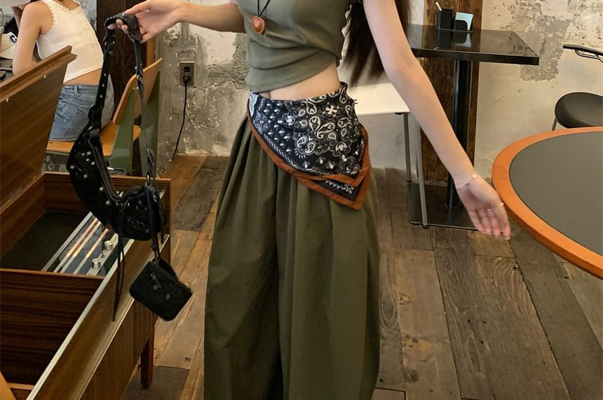 Crew Neck Crop T-Shirt with Wide Leg Pants and Scarf