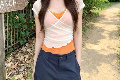 V-Neck Ruffle Mock Two Piece Short Sleeve Top