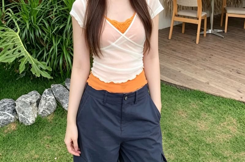 V-Neck Ruffle Mock Two Piece Short Sleeve Top