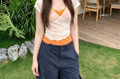V-Neck Ruffle Mock Two Piece Short Sleeve Top