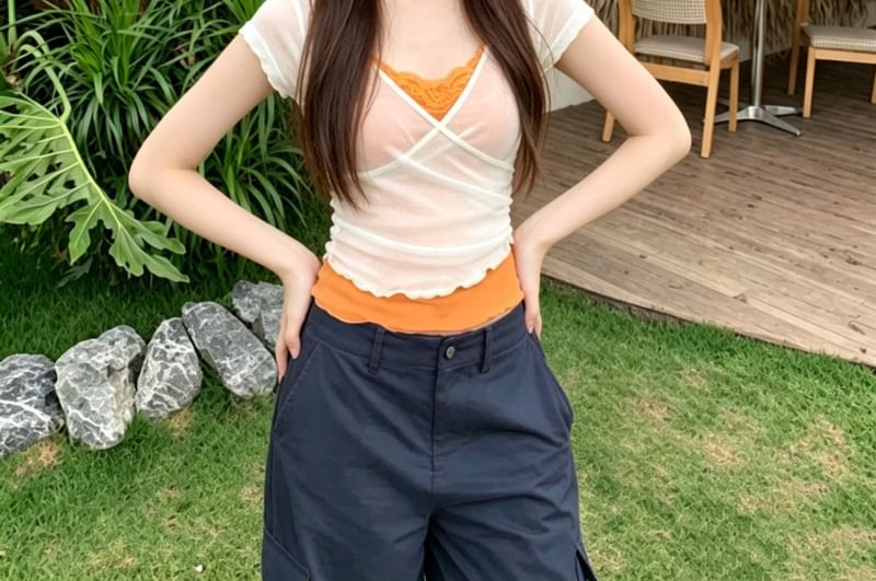 V-Neck Ruffle Mock Two Piece Short Sleeve Top