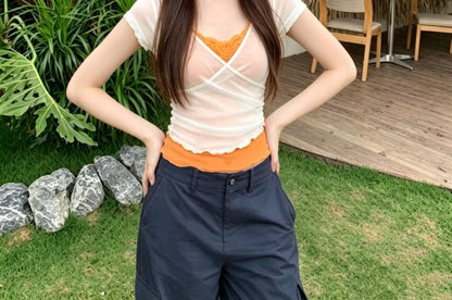 V-Neck Ruffle Mock Two Piece Short Sleeve Top