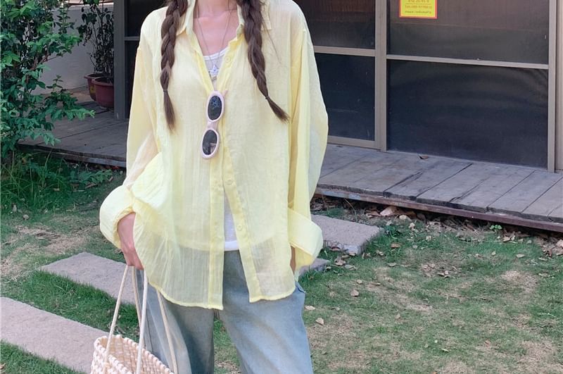 Plain Button-Up Shirt with Collar and Long Sleeves