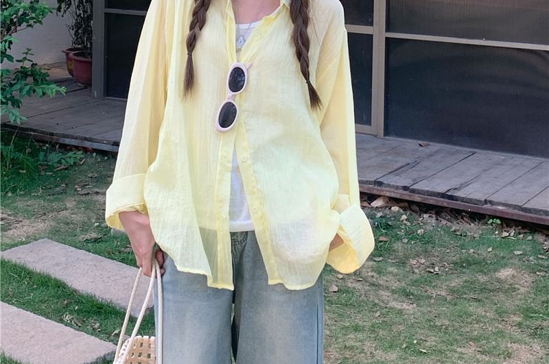 Plain Button-Up Shirt with Collar and Long Sleeves