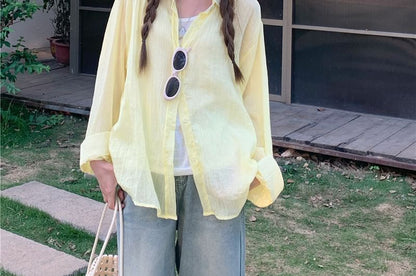 Plain Button-Up Shirt with Collar and Long Sleeves