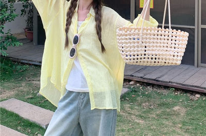 Plain Button-Up Shirt with Collar and Long Sleeves