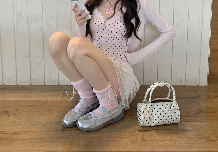 V-Neck Dotted Camisole with Crop Cardigan and Mini Skirt Set