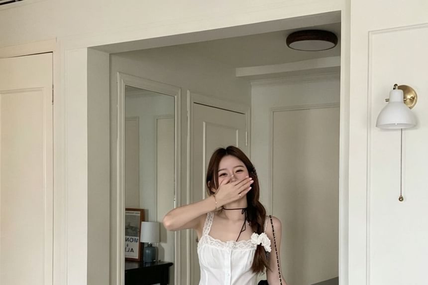 Square Neck Button Detail Spaghetti Strap Camisole