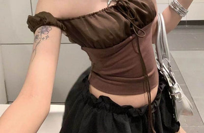 Off Shoulder Ruched Crop Short Sleeve T-Shirt