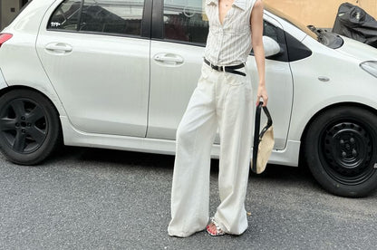 Collared Striped Button Up Sleeveless Shirt