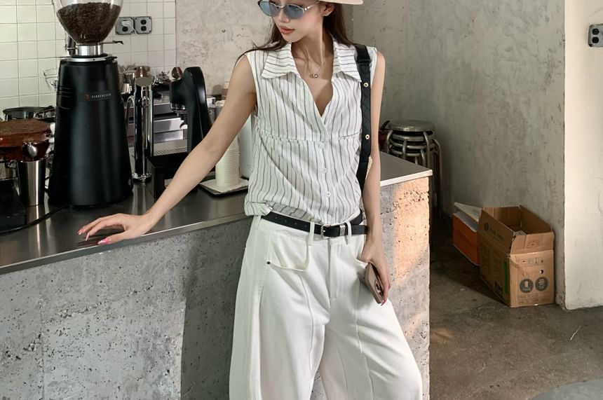 Collared Striped Button Up Sleeveless Shirt