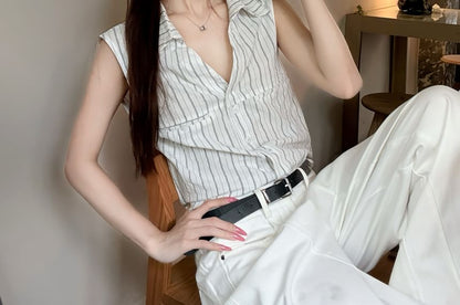 Collared Striped Button Up Sleeveless Shirt