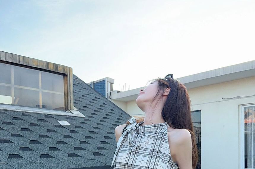 Set: Halter Neck Plaid Top + High Waist Bubble Hem Mini A-Line Skirt