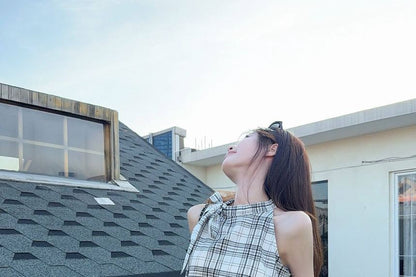 Set: Halter Neck Plaid Top + High Waist Bubble Hem Mini A-Line Skirt