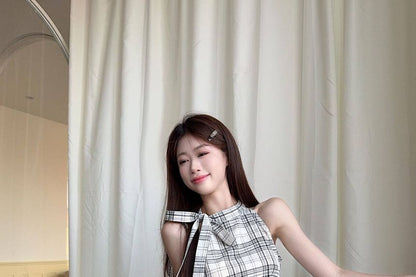Set: Halter Neck Plaid Top + High Waist Bubble Hem Mini A-Line Skirt
