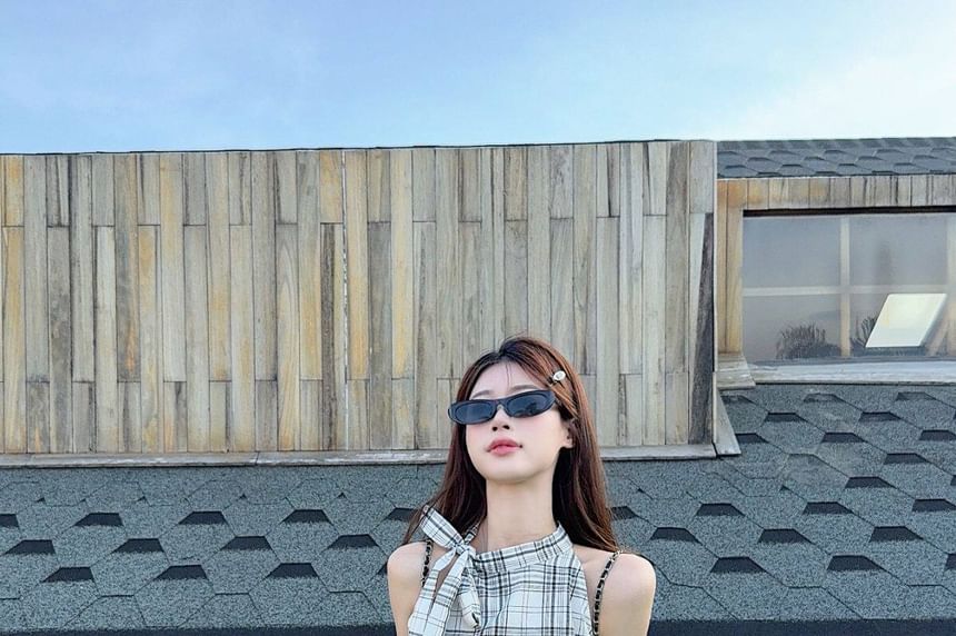 Set: Halter Neck Plaid Top + High Waist Bubble Hem Mini A-Line Skirt