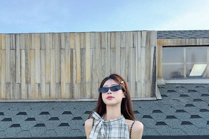 Set: Halter Neck Plaid Top + High Waist Bubble Hem Mini A-Line Skirt
