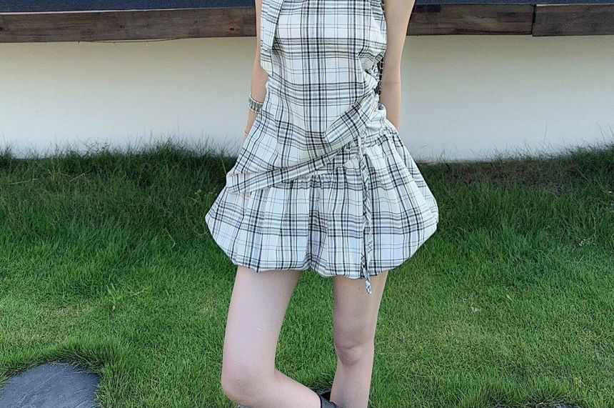 Set: Halter Neck Plaid Top + High Waist Bubble Hem Mini A-Line Skirt