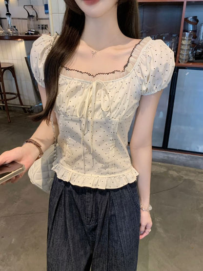 Short Sleeve Square Neck Dotted Ruffle Trim Blouse