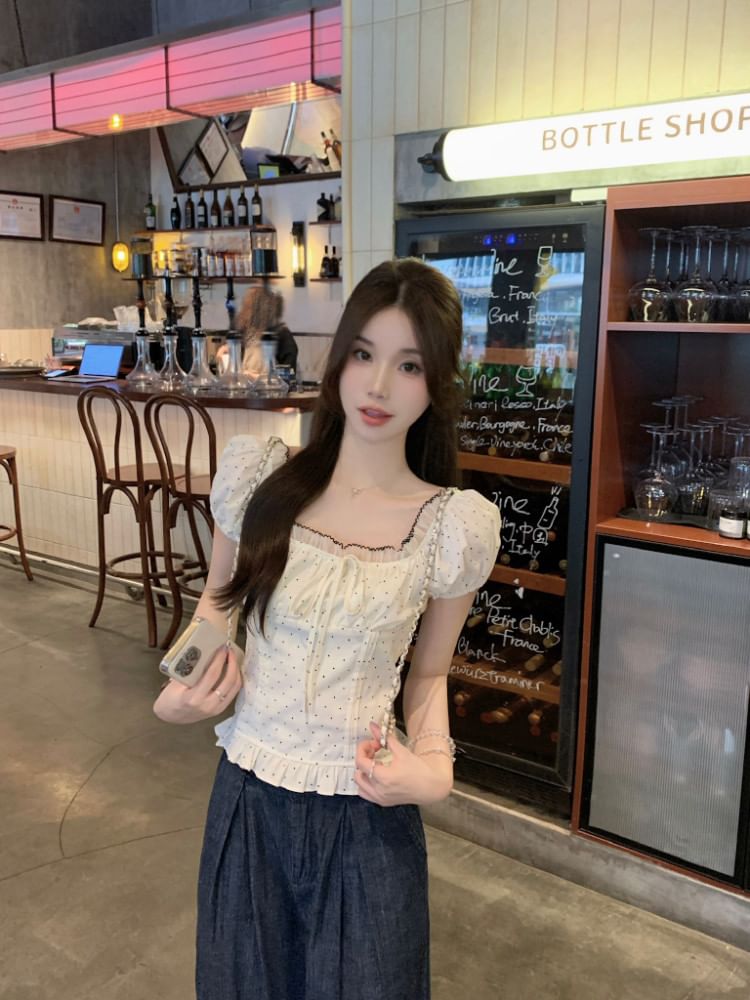 Short Sleeve Square Neck Dotted Ruffle Trim Blouse