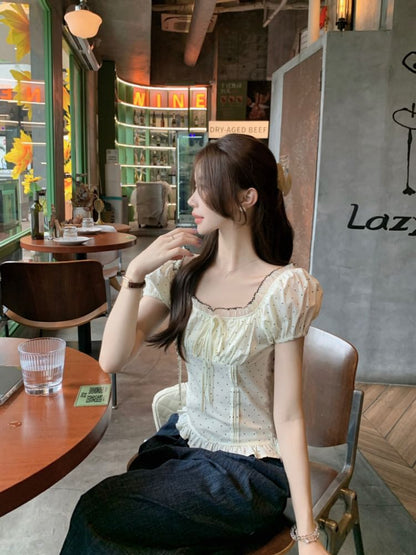 Short Sleeve Square Neck Dotted Ruffle Trim Blouse