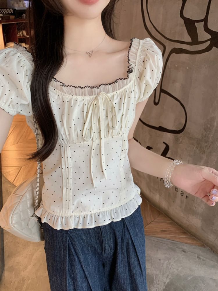 Short Sleeve Square Neck Dotted Ruffle Trim Blouse