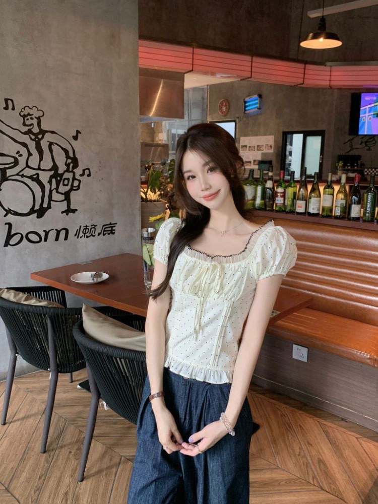 Short Sleeve Square Neck Dotted Ruffle Trim Blouse