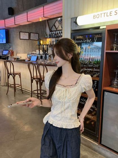 Short Sleeve Square Neck Dotted Ruffle Trim Blouse
