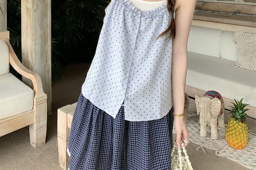 Set: Spaghetti Strap Scoop Neck Dotted Ruffle Camisole and Solid Camisole