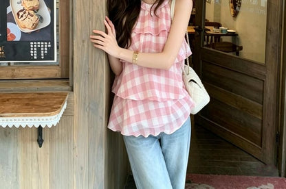 Halter Neck Plaid Ruffle Tiered Top