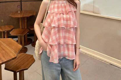 Halter Neck Plaid Ruffle Tiered Top