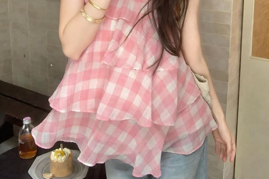 Halter Neck Plaid Ruffle Tiered Top