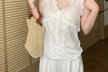 V-Neck Sleeveless Lace Trim Blouse