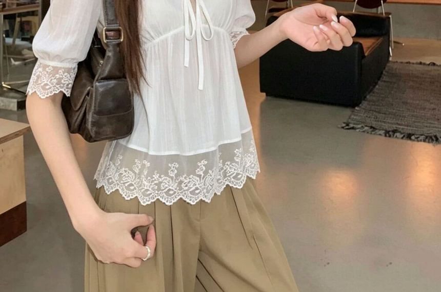 V-Neck Elbow Sleeve Lace Trim Top