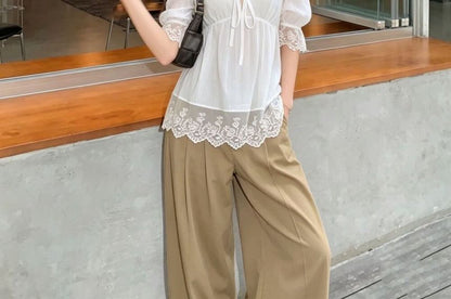 V-Neck Elbow Sleeve Lace Trim Top