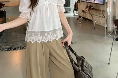 V-Neck Elbow Sleeve Lace Trim Top