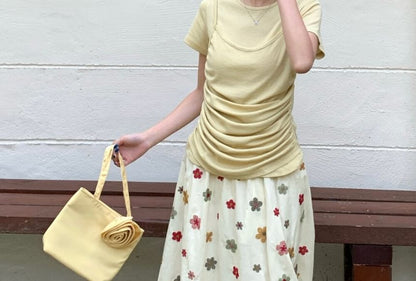 Crew Neck Short Sleeve Mock Two Piece Ruched T-Shirt