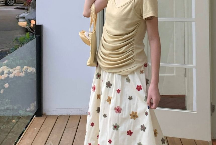 Crew Neck Short Sleeve Mock Two Piece Ruched T-Shirt