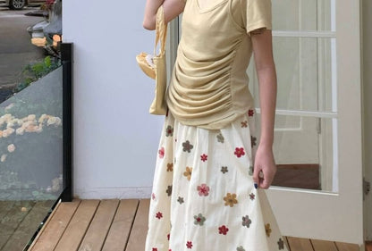 Crew Neck Short Sleeve Mock Two Piece Ruched T-Shirt