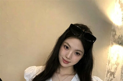 V-Neck Lace Trim Blouse with Short Sleeves