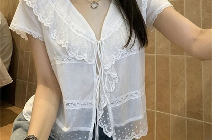 V-Neck Lace Trim Blouse with Short Sleeves
