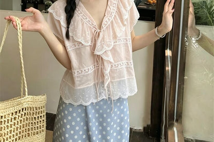 V-Neck Lace Trim Blouse with Short Sleeves
