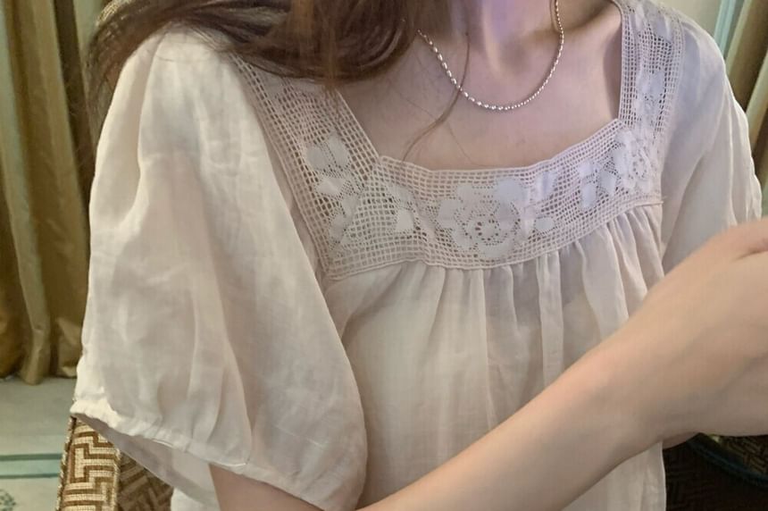 Short Sleeve Square Neck Lace Trim Top